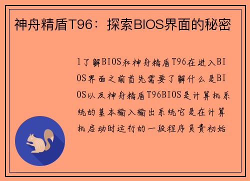 神舟精盾T96：探索BIOS界面的秘密