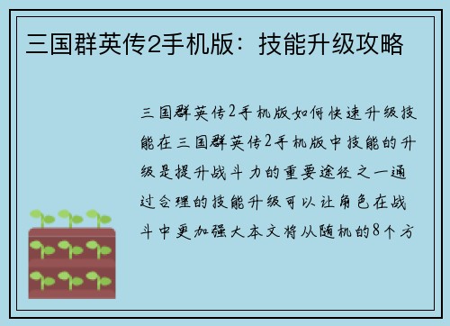 三国群英传2手机版：技能升级攻略