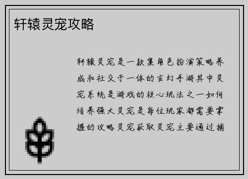 轩辕灵宠攻略